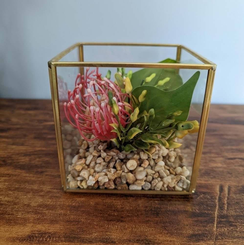 Faux Pink Protea Arrangement in Glass Cube - Unbranded